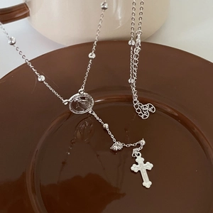 Vintage 925 sterling silver rosary necklace with Maria coin and cross pendant decor