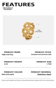 Detail of adjustable golden braided stainless steel ring with 1.7cm diameter and 2.4g weight