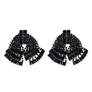 Elegant black bow-shaped tassel earrings with inlaid rhinestones and silver needles