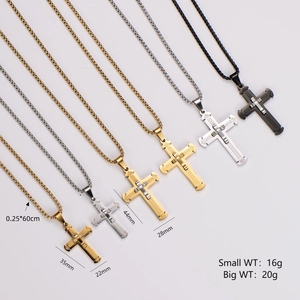 304 Stainless Steel Cross Pendant Necklace Double Layer Greek Key Pattern Hip Hop Religious Jewelry Box Chain For Men