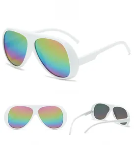 Retro pilot sunglasses with white plastic frames and multi-angle mirror lens views