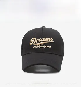 Detailed close-up of 2024 vintage 3D embroidery on breathable black mesh baseball cap