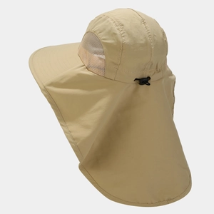 Quick-dry khaki sun hat with neck flap and mesh ventilation for hiking and fishing