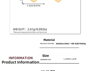 Detailed dimensions of 18K gold plated heart earrings in stainless steel for women