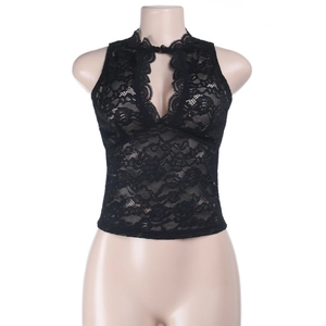 Close-up detail of black lace halter top showing stand collar and hollow out texture
