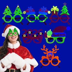 Detail view of festive felt Christmas glasses with glitter trees and 2026 party designs