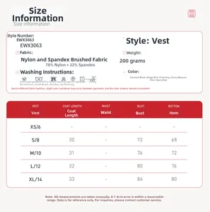 Size chart for brushed yoga vest showing dimensions for sizes XS to XL in five colors