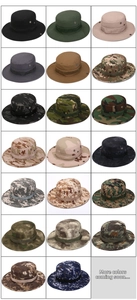 Detailed view of twenty camouflage and solid color outdoor boonie hats for camping and fishing