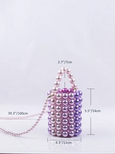 Detail view of handmade beaded pearl bucket bag with dimensions and long shoulder strap