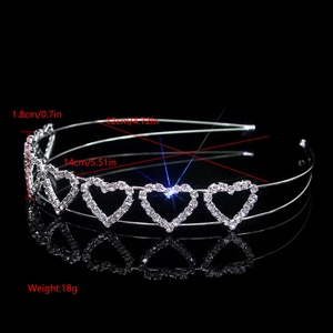 Detail view of heart rhinestone tiara with size labels 1.8cm height and 14cm width