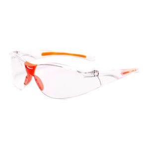 Protective outdoor sports eyewear with transparent lenses and orange anti-slip arms