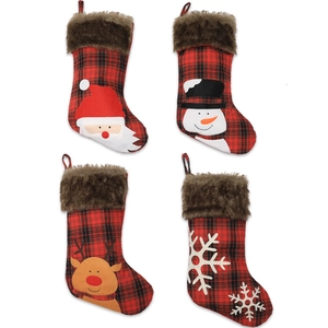 Lot de 4 chaussettes de Noël à carreaux rouges et fausse fourrure avec Père Noël et Renne