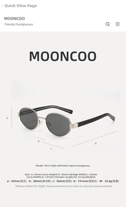 Detailed size chart for oval cat-eye sunglasses with precise frame measurements