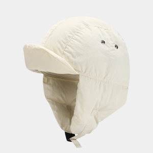 Winter padded trapper hat in cream white with ear flaps and windproof chin strap