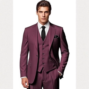 Slim fit three-piece burgundy men's business suit with blazer, vest and trousers