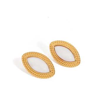 Vintage 18k gold plated stainless steel eye-shaped stud earrings with white inlay