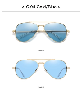 Front view of classic aviator sunglasses with gold metal frame and blue polarized lenses