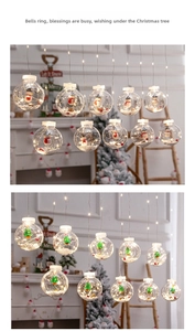 Close-up of LED Christmas hanging globes with snowman and tree inside for home decor