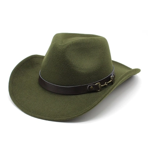 Macro detail of army green felt cowboy hat with brown leather band and metal buckle
