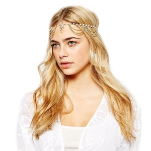 Detail of gold layered forehead chain with pearls and rhinestones on a model