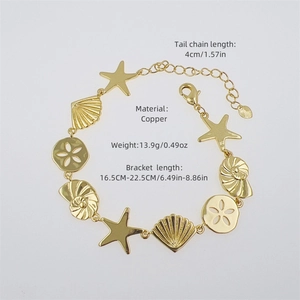 Detail of 18K gold plated ocean theme bracelet with starfish charms and dimensions