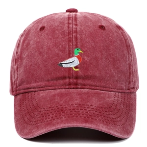 Vintage washed burgundy baseball cap featuring a green duck embroidery on the front