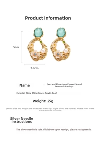 Detailed view of floral geometric earrings with size specs and material breakdown