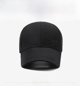 Close-up of SPORT embroidery on black six-panel baseball cap with curved brim