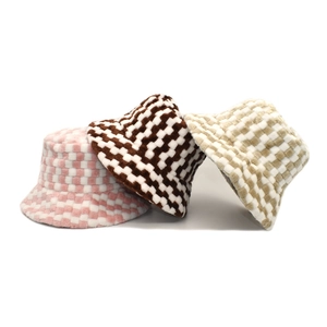 Checkerboard Bucket Hat Faux Rabbit Fur Warm Winter Plush Outdoor Fashion Unisex Hat