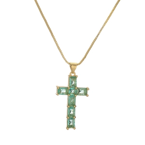Gold cross necklace with square green cubic zirconia stones on a fine box chain