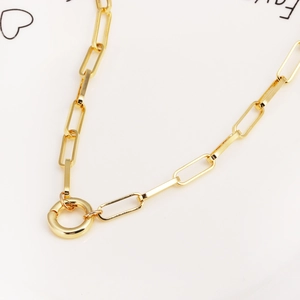 Macro detail of gold-plated rectangular link chain necklace with round spring clasp