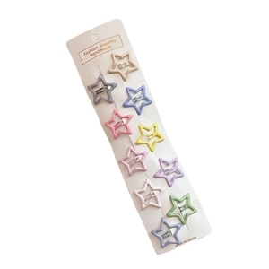 Set of 10 colorful star-shaped metal hair clips on white card for girls and women