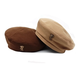 Japanese wool beret with cute 3D bear accessory in coffee and beige colors