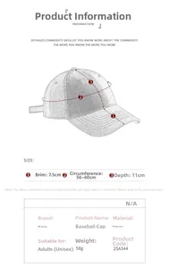 Size chart showing baseball cap dimensions with brim, depth, and circumference details
