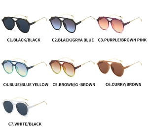 Matrix showing aviator sunglasses in seven assorted colors with metal and plastic frames