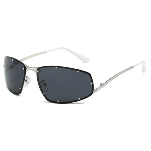 Y2K metal square sunglasses with silver frame, dark lenses and rhinestone details