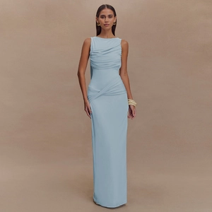 Detail of light blue sleeveless pleated dress showing high neck and slim fit silhouette