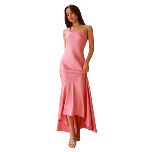 Pink one-shoulder satin maxi dress with fishtail hem and slim fit silhouette