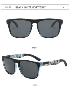Detail view of polarized sunglasses with zebra pattern and fashion text on temples
