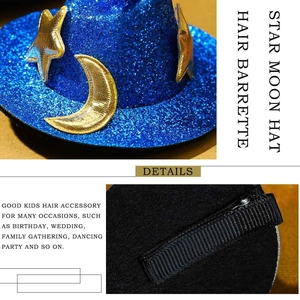 Detailed view of blue sequin mini top hat hair clip with gold star and moon patterns
