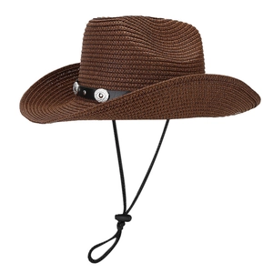 Wide-brimmed brown straw cowboy sun hat with leather band and metal buckle accents