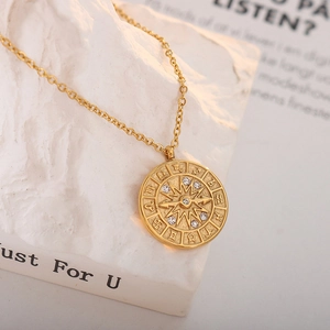Retro 18K gold plated stainless steel zodiac medallion necklace with zircon inlay