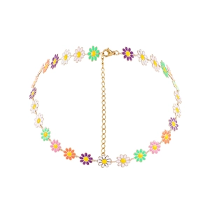 Fashionable golden choker with colorful enamel daisy flowers and adjustable clasp