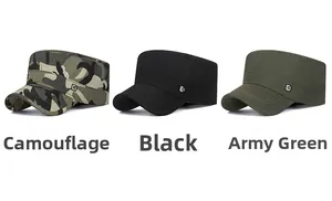 Flat top military cadet caps in camouflage, black, and army green with metal buckle