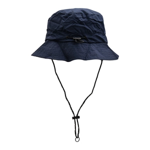 Detail of navy blue outdoor bucket hat featuring adjustable drawstring and chin strap