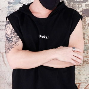 Sleeveless black hooded t-shirt with white Punks print in a streetwear aesthetic