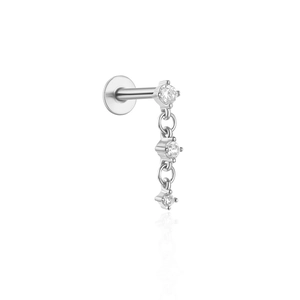 Detail of 925 sterling silver ear stud featuring three sparkling diamond tassel charms