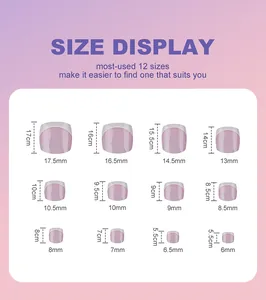 Size chart showing 12 different dimensions for lavender French style false toenails