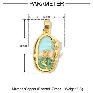 Detailed specs of 18k gold tulip pendant with dimensions 13mm by 25mm in enamel
