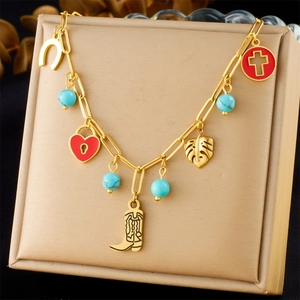 Vintage Stainless Steel Necklace Heart Lock Cowboy Boot Leaf Cross Horseshoe Charms Red Enamel Turquoise Beads Women